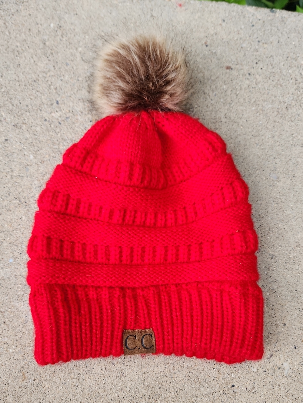 C.C Bright Red Knit Pom Beanie